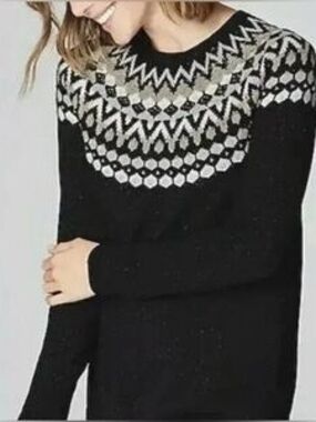 J. Jill Black Crewneck Sweater with White Fair Isle Yoke